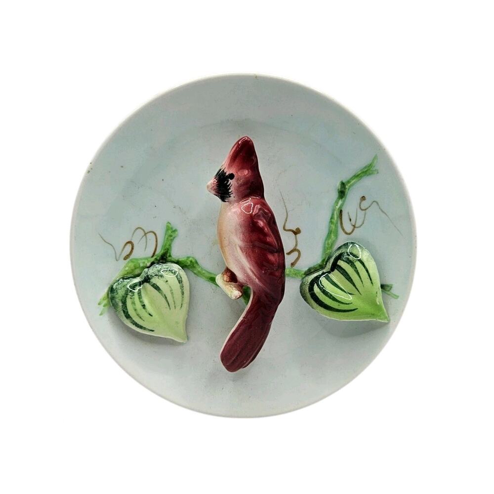 Vintage Lefton 3D Cardinal Leaves 5" Ceramic Plate Wall Decor